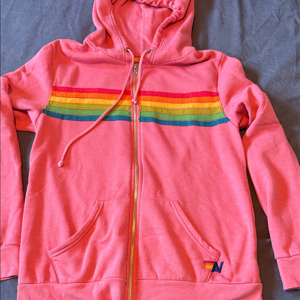 Aviator Nation Pink Hoodie with Rainbow Stripes